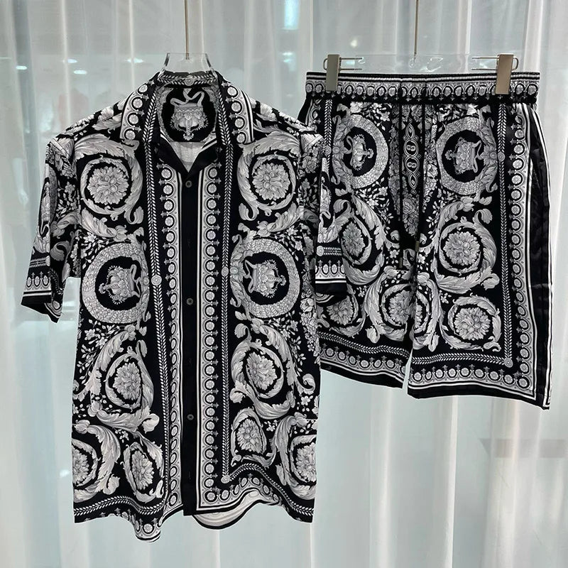 Royal luxury digital printed men's set fashion two-piece shorts set high-quality summer short sleeved shirt Allen Sen Trendy Clo