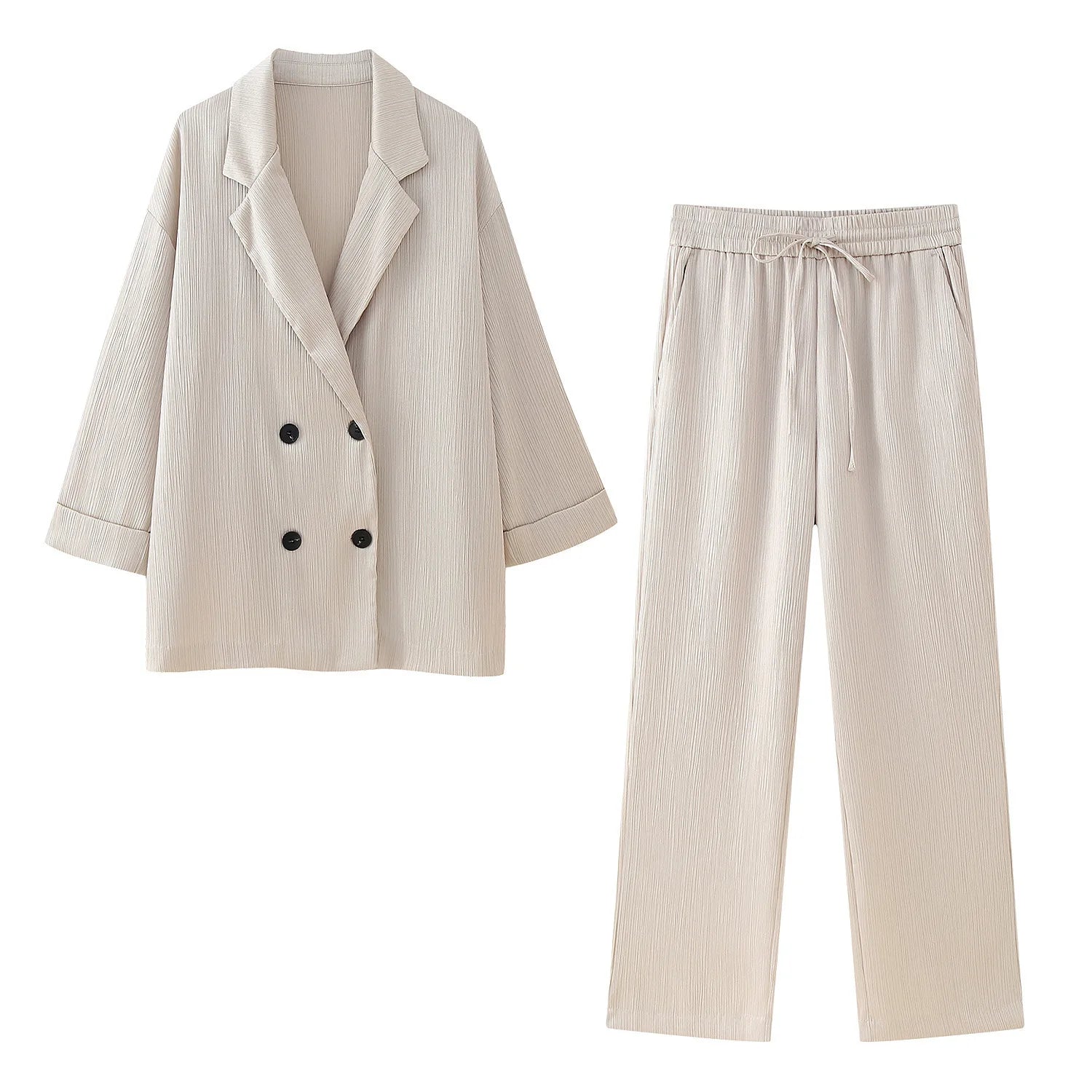 KWTX 2025 Spring Women’s Two Piece Set Solid Pleated V Neck Blazer & Wide Leg Pants Elegant Luxury High Quality Office Set