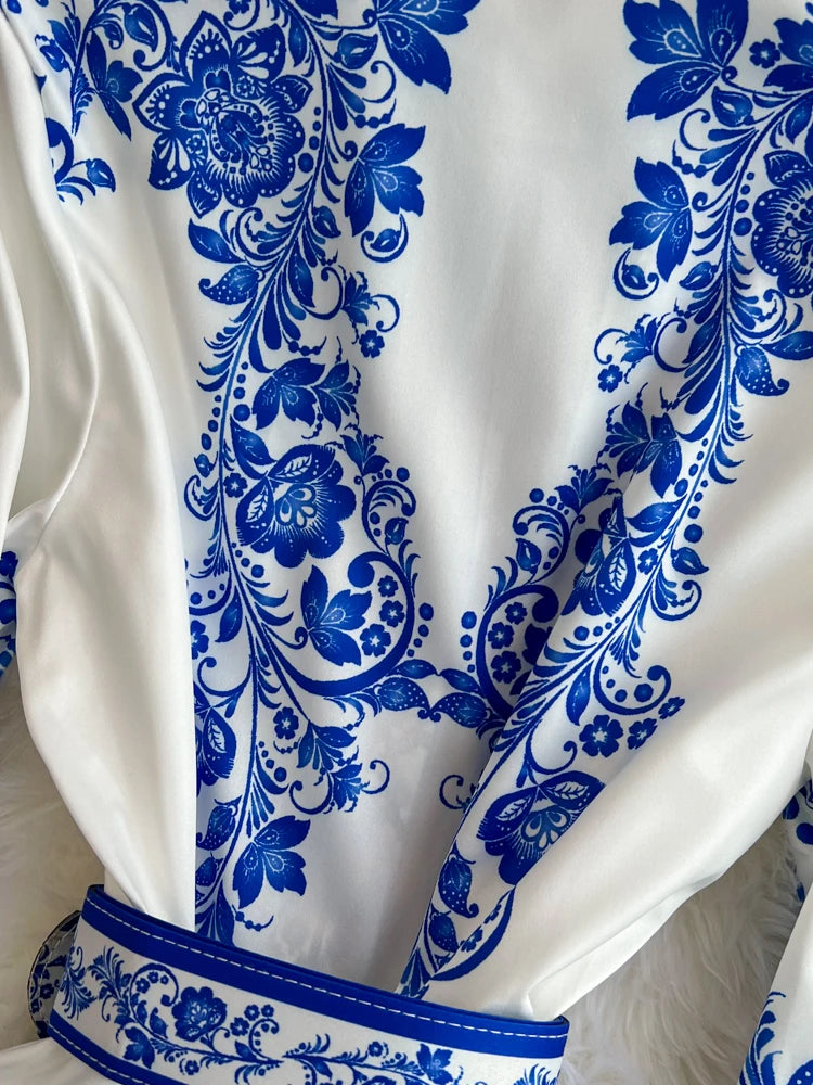 Spring Maxi Belt Dresses for Women Chic Vintage Printing Robe Femme Stand Neck Tunic Lantern Sleeve Dress 2024 Vestidos De Mujer