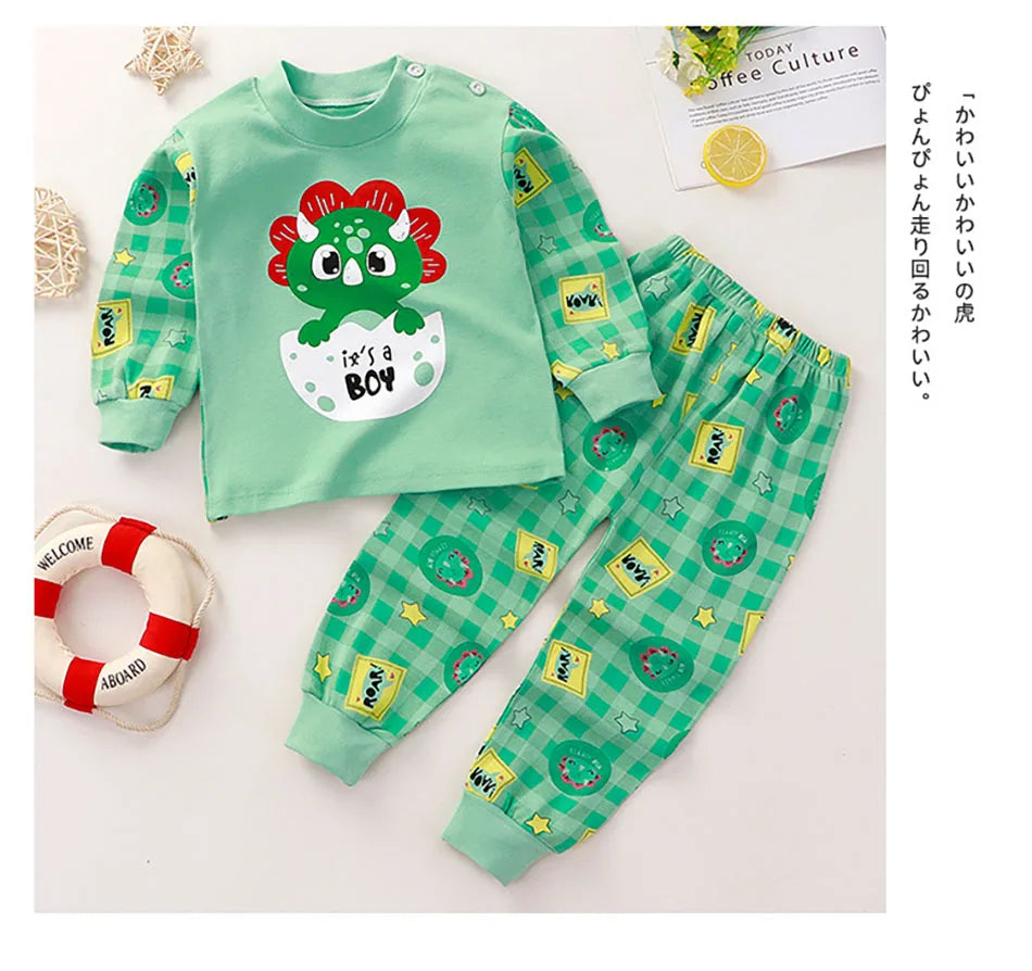 Spring Autumn Sleepwear Kids Comfort Cotton Pajamas Set Durable and Soft Unisex Cartoon Dinosaur for Boy Girl Children Clothes