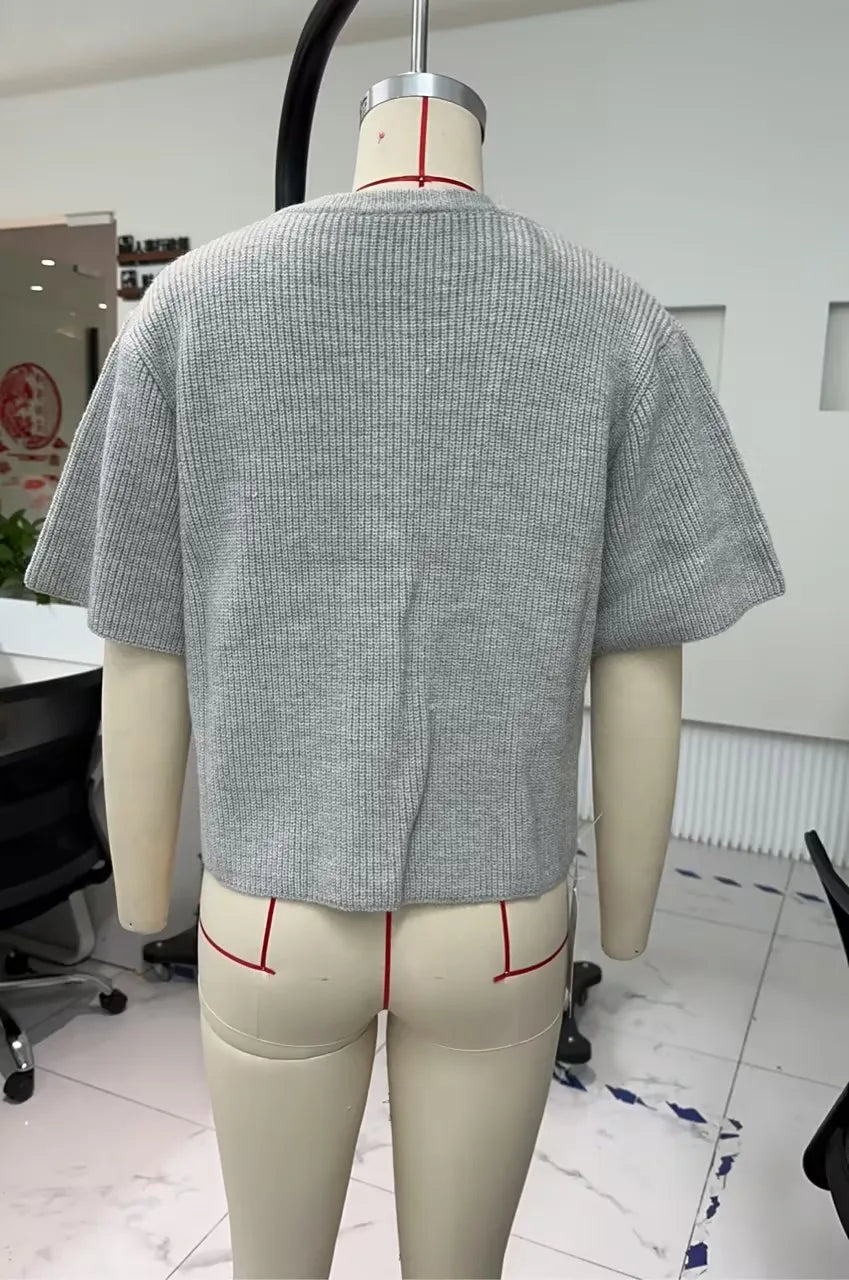 2000s Sweaters y2k Clothes Women Solid Color Round Neck Single Breasted Short Sleeve Cardigan Tops Fashion Streetwear
