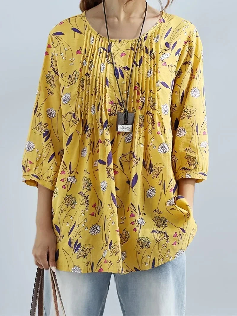Plus Size 1XL-5XL Women's   Fashion Floral Printed 3/4 Sleeve Blouse Shirt Ladies Casual Loose Retro Color Shirt Blouse Tops