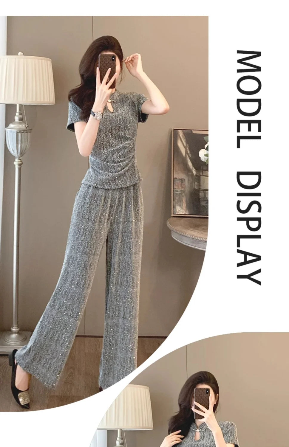 Fashion suit women's summer new style high-end feeling new Chinese style short sleeved top+casual wide leg pants two-piece set