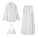 TWOTWINSTYLE Solid Three Piece Set for Women Lapel Long Sleeve Loose T Shirts Halter Vest High Waist Pant Sets Female
