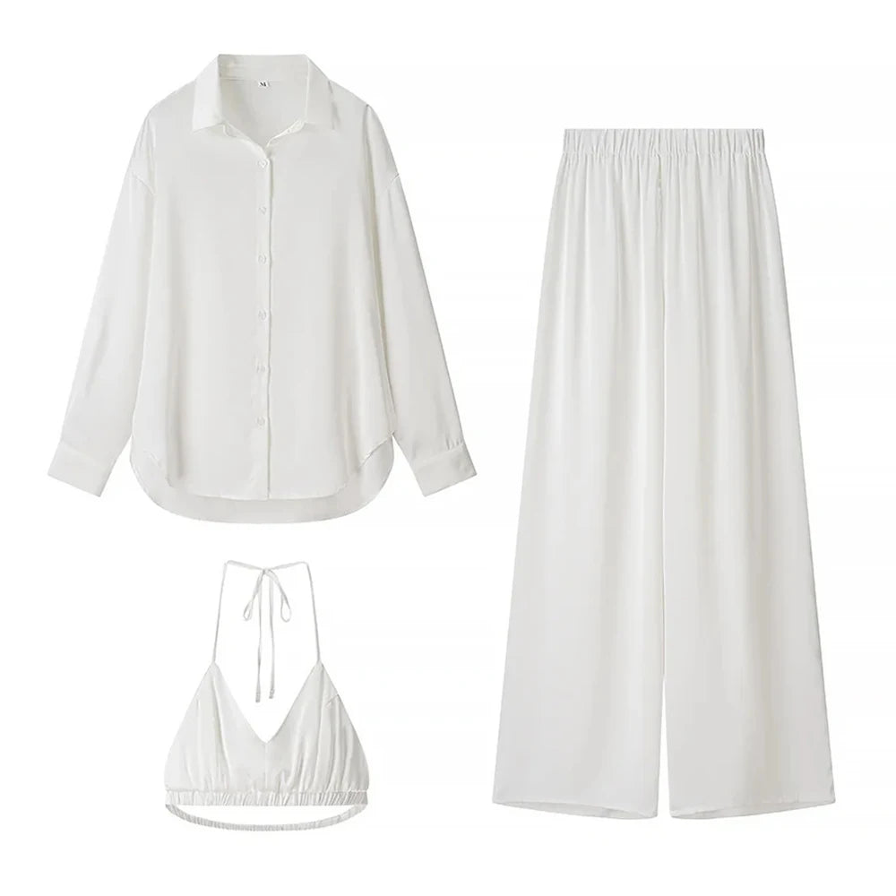TWOTWINSTYLE Solid Three Piece Set for Women Lapel Long Sleeve Loose T Shirts Halter Vest High Waist Pant Sets Female