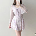 sexy Korean fashion floral print swimsuit two pieces purple ruffles bodysuits with cover mesh smock bikinis cute beach outfits