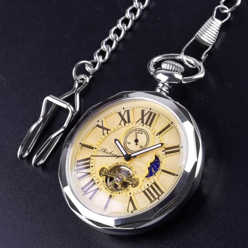 Luxury Gold Moon Phase Without Cover Mechanical Pocket Watch Antique Pendant Pocket Clock High Grade Gifts for Men