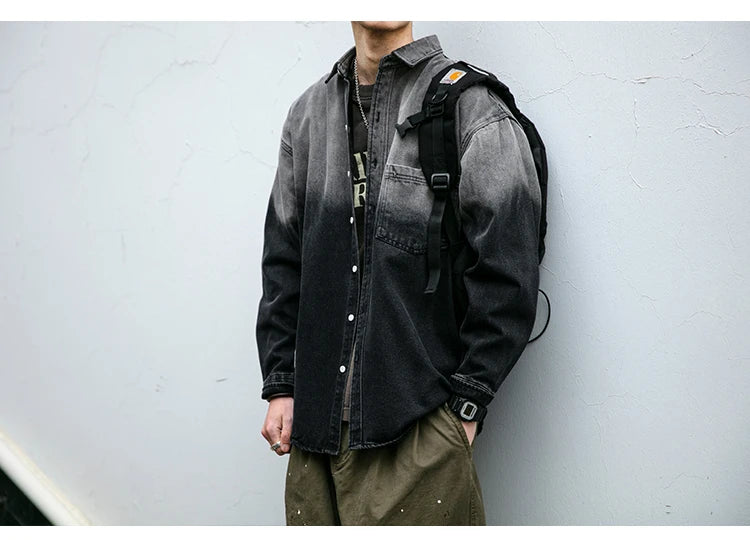 Korean fashion washed gradient denim shirt for men clothing High quality streetwear harajuku casual coat tremdy Long sleeve male
