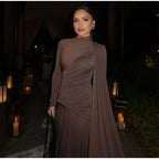 Fashion Brown Pleated Long Sleeve Dress Women Elegant O-neck Bodycon Prom Robes 2025 New Summer Lady Street Party Dresses