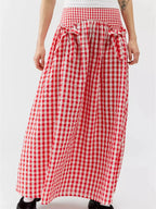 Women Y2K Bow Plaid Maxi Skirt High Waist Gingham Tiered Long Skirt Vintage A-Line Ruffle Flowy Midi Skirt Party Clubwear