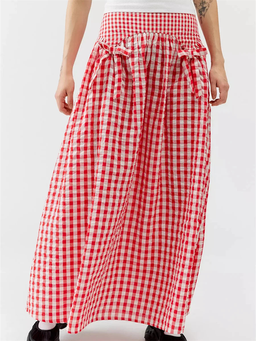 Women Y2K Bow Plaid Maxi Skirt High Waist Gingham Tiered Long Skirt Vintage A-Line Ruffle Flowy Midi Skirt Party Clubwear