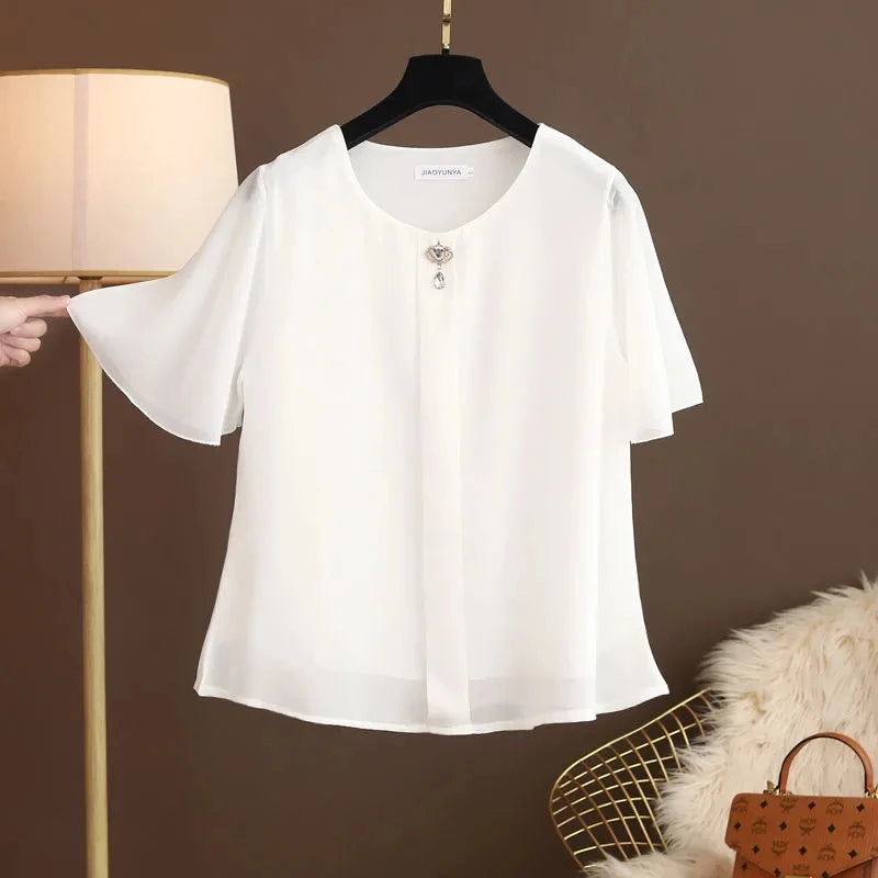 Women Blouse And Tops Summer Short Sleeve Chiffon T-shirt Middle Age Female Fashion Pullover Tshirts Shirts Large Size L-6XL
