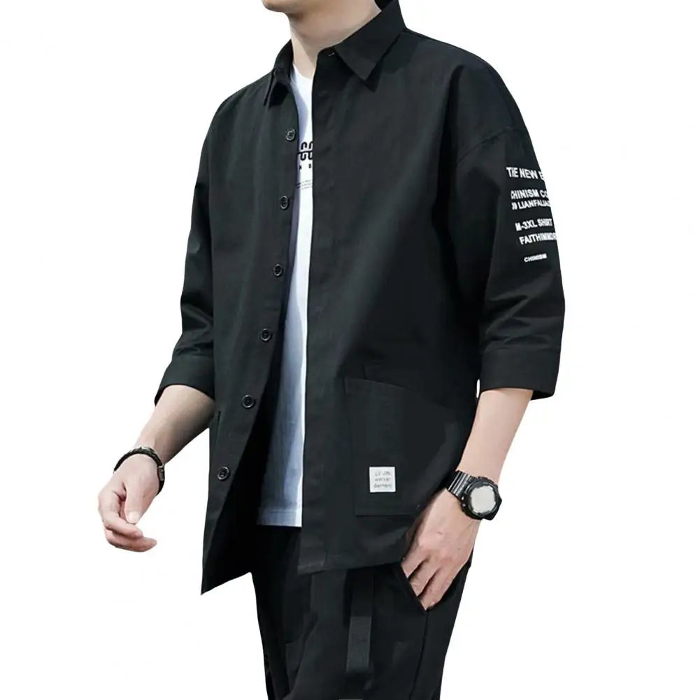 Japanese Style Men Cargo Shirt Half Sleeve Single-breasted Shirt Vintage Logo Label Decor Men Jacket Casual Loose Cardigan Shirt
