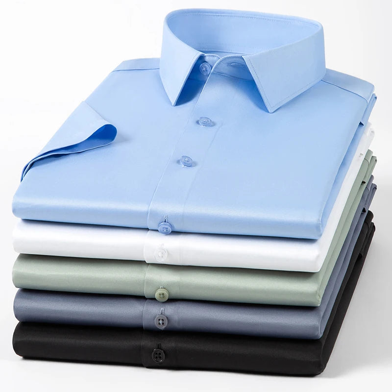 2023 Summer Short Sleeve High Density Silky Material Solid  Elastic Business Men Dress Shirts No Pocket Stretch Clothes