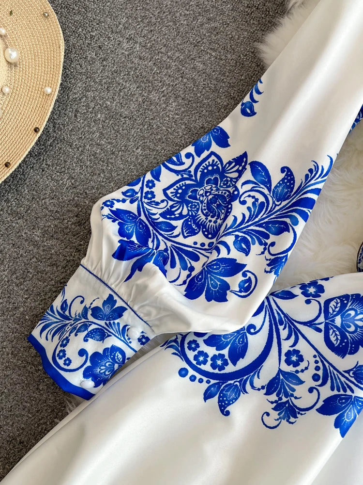Spring Maxi Belt Dresses for Women Chic Vintage Printing Robe Femme Stand Neck Tunic Lantern Sleeve Dress 2024 Vestidos De Mujer