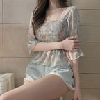 Chiffon Shirt for Women New Floral Flared Sleeves Wrapped in Chest and Waist to Make Them Look Slim Top for Women