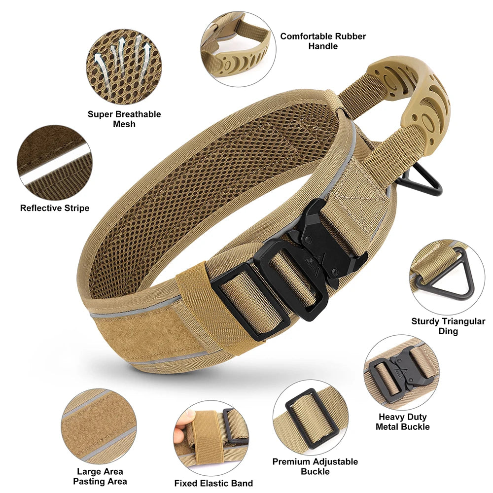 Nylon Durable Dog Collar Military Tactical Pet Training Collars Reflective Necklace With Handle Strong For Medium Large Dogs
