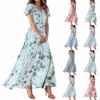 Women V-neck Ruffle Short Sleeve Maxi Dress Waist Tight High-waist Hem Sweet Floral Print Elegant Dress Female Clothing Vestidos