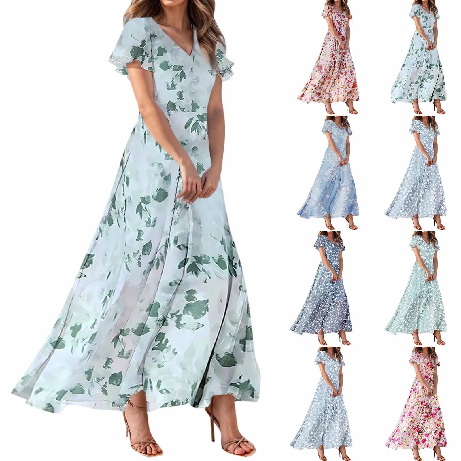 Women V-neck Ruffle Short Sleeve Maxi Dress Waist Tight High-waist Hem Sweet Floral Print Elegant Dress Female Clothing Vestidos