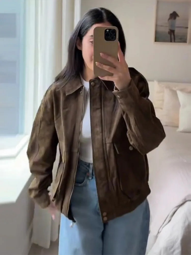 Vintage Suede Short Jacket Women Casual Turn Down Collar Zipper Coat Female 2025 Spring Fashion Versatile High Street Outwears