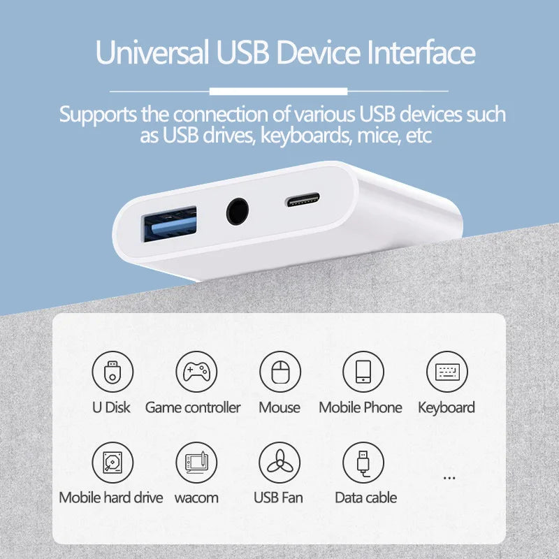 Byscoon Lightning/Type C to USB 3.0 /3.5mm/Type C OTG Adapter 3.5mm Audio Jack Splitter for iPhone14/13/12/iPad with Charging