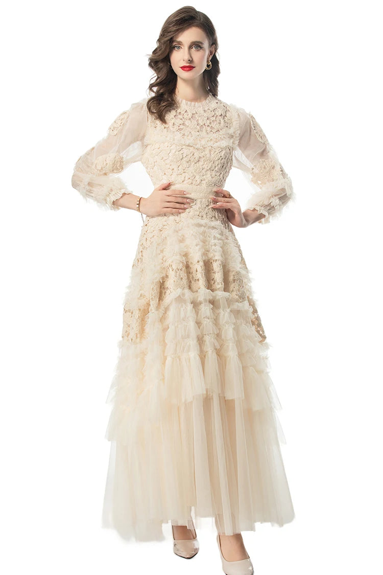 LD LINDA DELLA Fashion Designer Summer Dress Women's Vintage Solid Color Temperament Net Yarn Embroidery Cascading Ruffle Dress