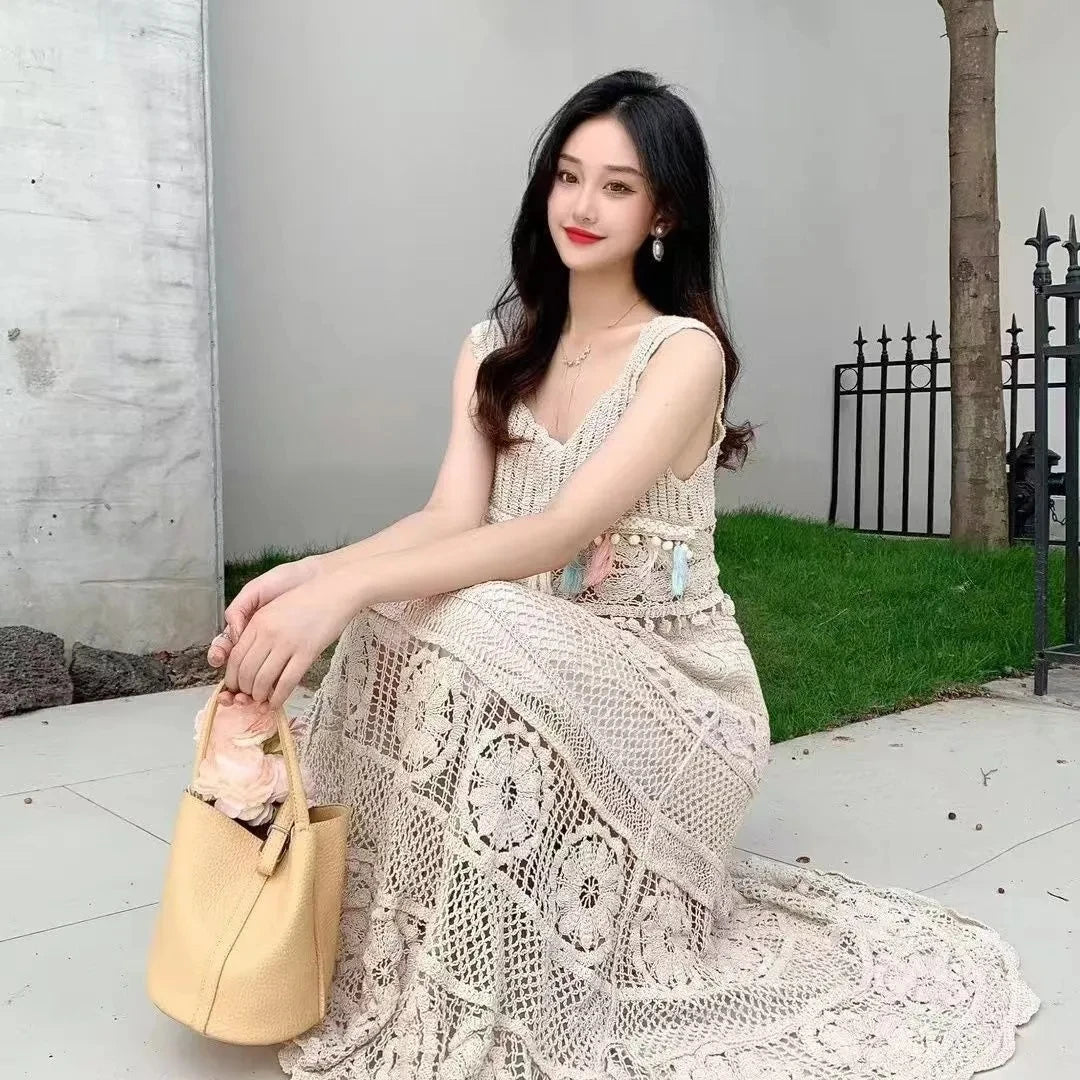 Retro Hollow Knitted Crochet Women's Solid Color Skirt 2025 Summer Fashion Lace Patchwork Female High Waisted Skirt