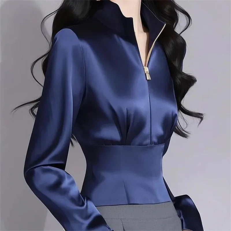 Luxury Satin Shirt Women's Spring Summer New Coat Unique Beautiful Waist Jacket French High-Grade Outerwear Female Overcoat Tops