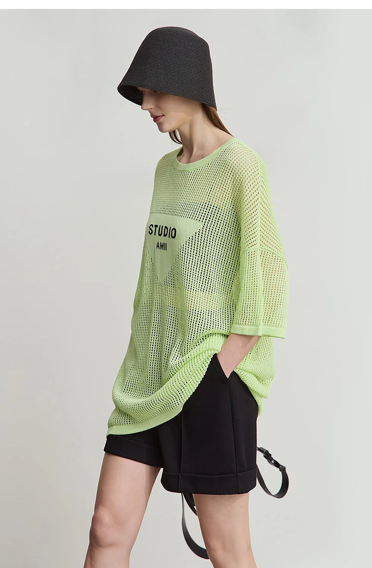 Amii Minimalist Women's Knitted Pullovers 2025 Summer Crew Neck Short-sleeved Casual Mid Long Loose Letter Jacquard Top 12542048