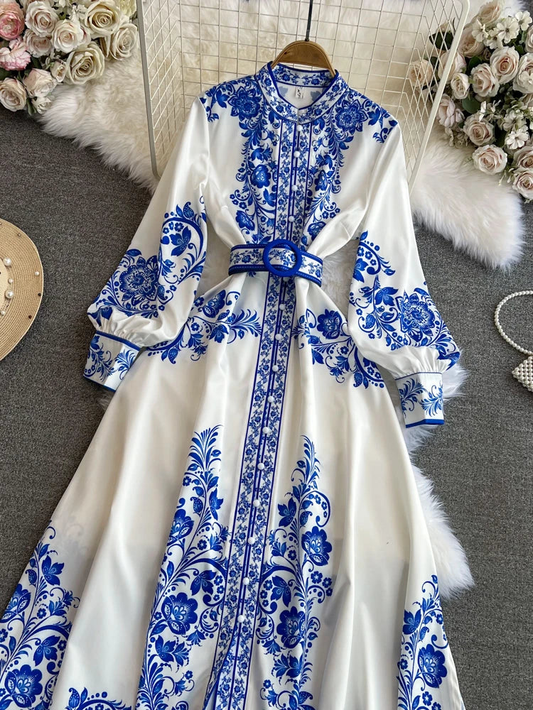 Spring Maxi Belt Dresses for Women Chic Vintage Printing Robe Femme Stand Neck Tunic Lantern Sleeve Dress 2024 Vestidos De Mujer