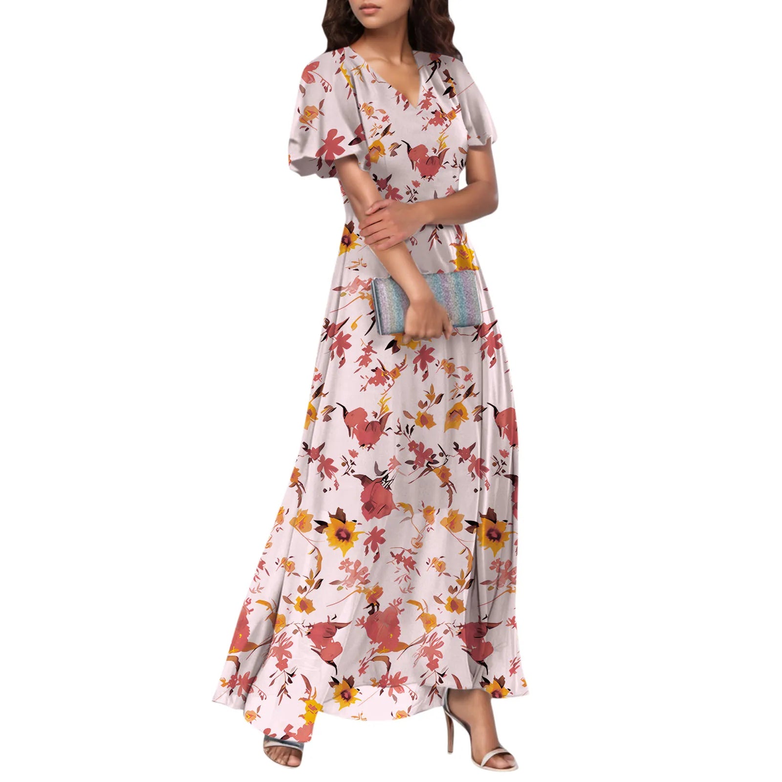 Women V-neck Ruffle Short Sleeve Maxi Dress Waist Tight High-waist Hem Sweet Floral Print Elegant Dress Female Clothing Vestidos