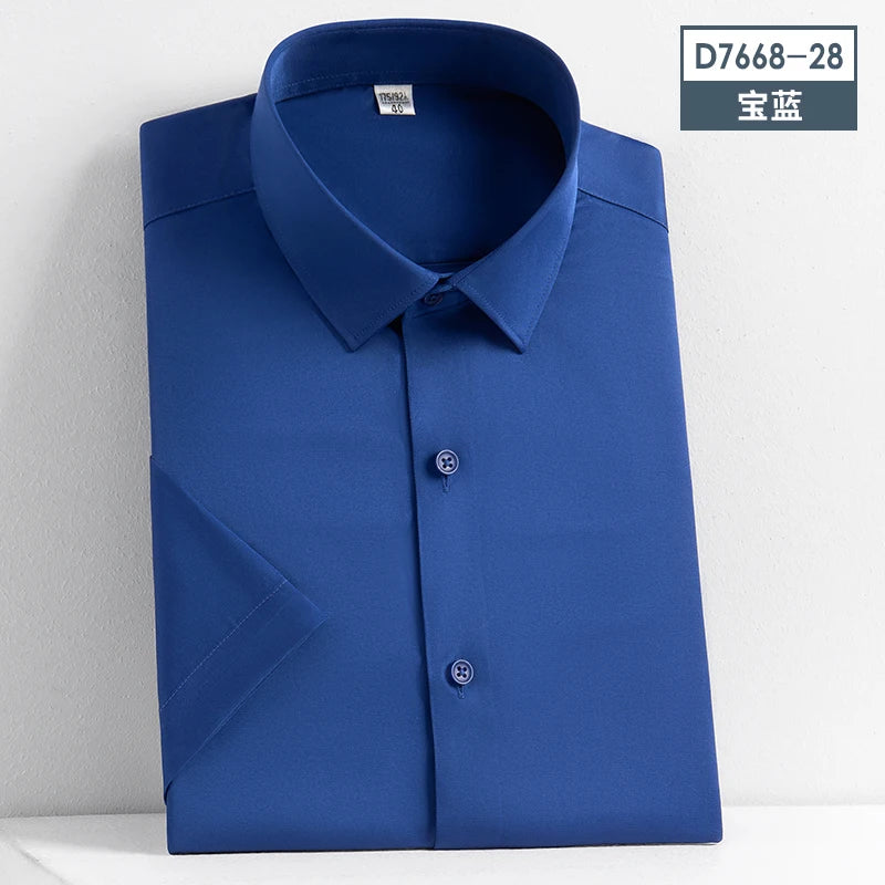 2023 Summer Short Sleeve High Density Silky Material Solid  Elastic Business Men Dress Shirts No Pocket Stretch Clothes