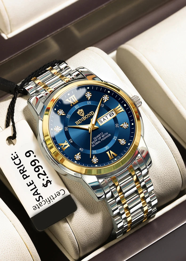 2025 Quartz Watch for Men Luxury Diamonds Gold Watch Waterproof Luminous Stainless Steel Business Men's Quartz Watch Mens Watch