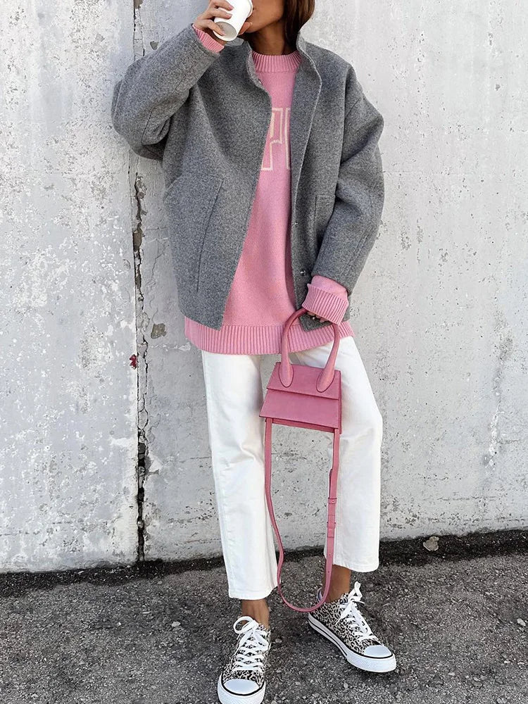 MiuKoMiYa Army Green Short Wool Blend Bomber Jackets For Women Winter Outdoor Women's Woolen Blend Coat Women Loose Wool Jacket