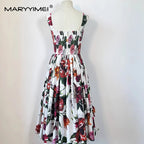 MARYYIMEI Fashion Design Summer Women's Dress Spaghetti Strap Backless Square-Neck Casual Holiday Cotton Dresses
