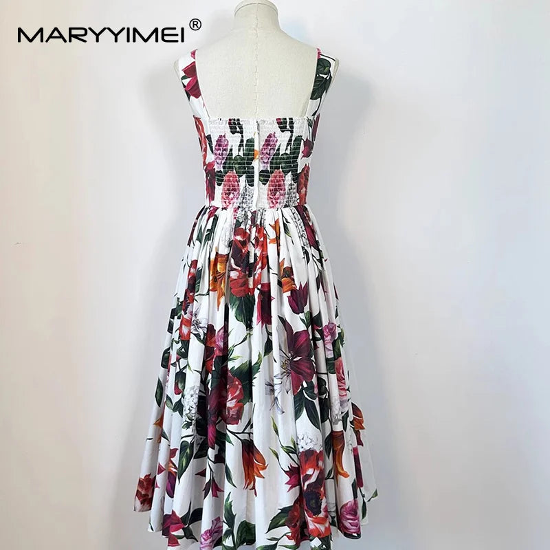 MARYYIMEI Fashion Design Summer Women's Dress Spaghetti Strap Backless Square-Neck Casual Holiday Cotton Dresses