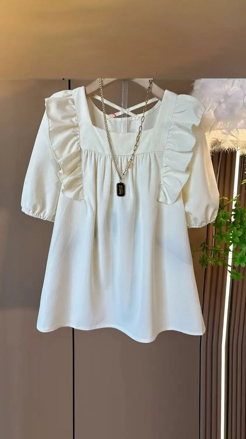 Summer Casual V-neck Back Cross Strap Fly Sleeve Elastic Shoulder Loose Fit Small Shirt Versatile Simple Top for Plump Sister