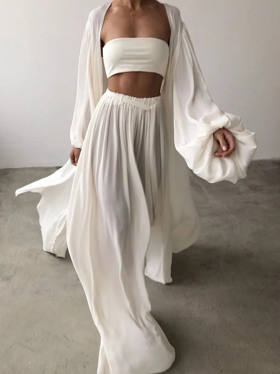 Spring Summer Women's 3pcs Suit Sexy Puff Sleeve Jacket Ladies Temperamental Commute Wide Leg Trousers Fashion Sets 2025 New