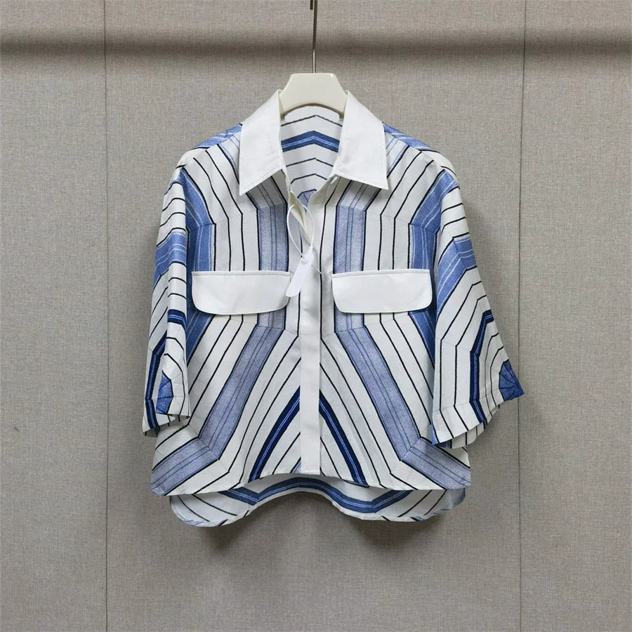 Elegant 2025 Summer Women's Geometric Print Contrasting Collar Shirt+Shorts+Long Sleeved Shirt+Pleated Skirt Set