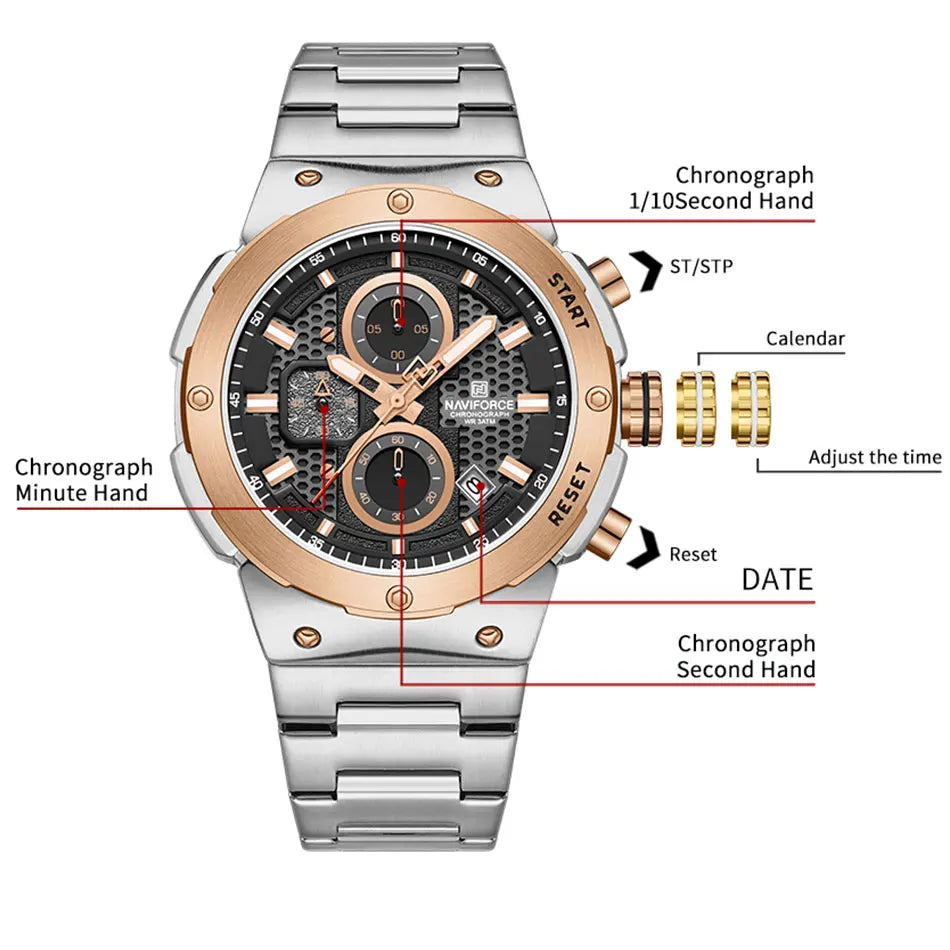 NAVIFORCE Man Quartz Top Brand Watch Luxury Luminous Chronograph Wristwatch Stainless Steel Waterproof Men Date Calendar Clock