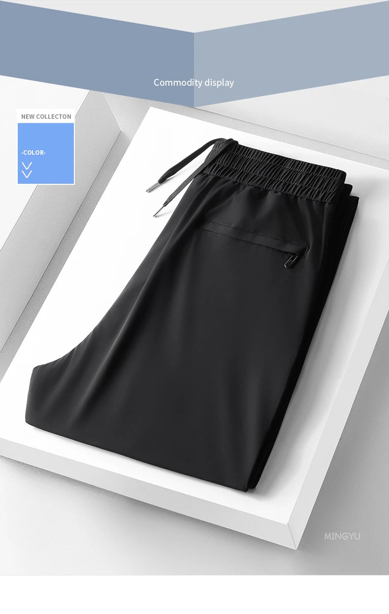 Summer High Stretch Smooth Ice Silk Casual Pants Man Thin Soft Elastic Waist Korean Grey Sweatpants Sports Jogging Trousers Male