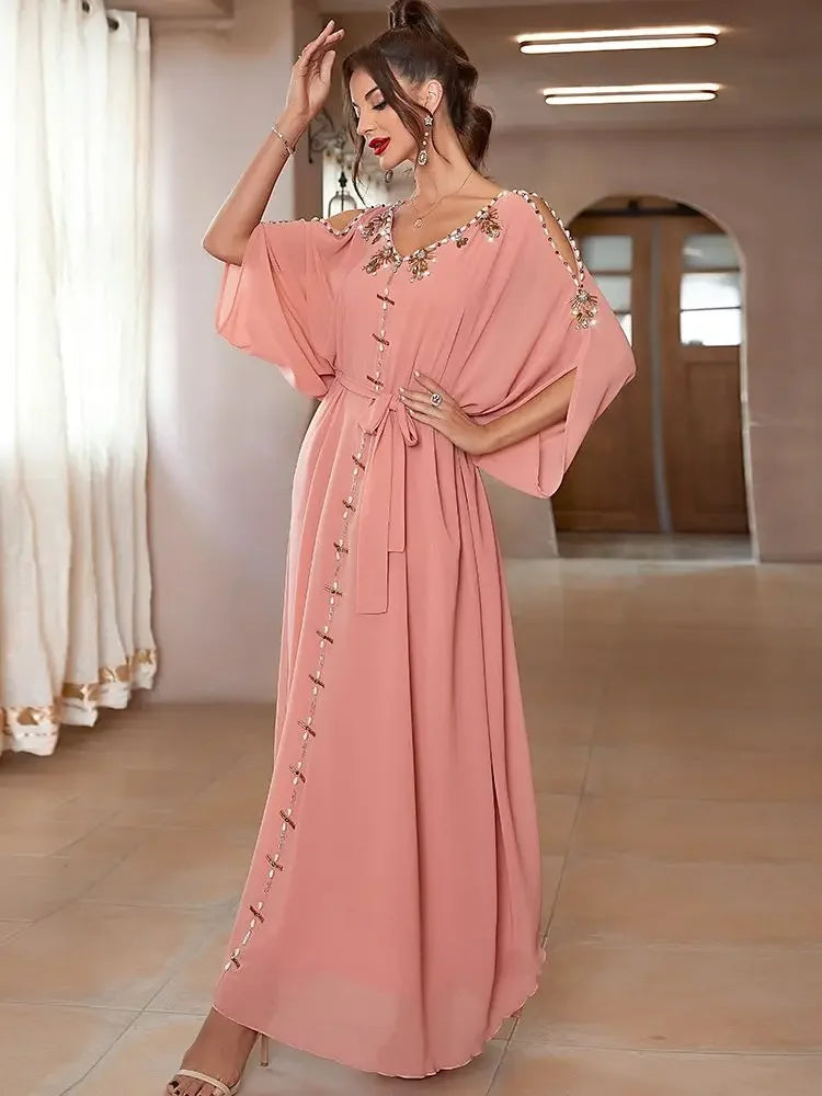 Ramadan Eid Party Dress Morocco Kaftan Off Shoulder Pink Diamond Beads Dubai Abaya Long Dress Abayas for Women Robe Musulmane