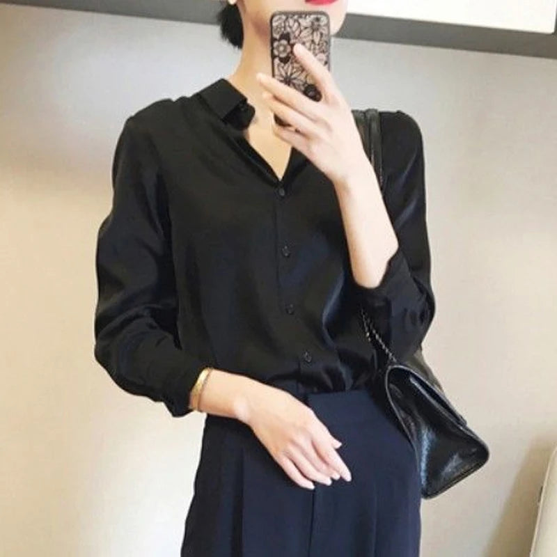 Comfortable Turn-down Collar All Seasons Women's Clothing 2023 Chiffon Trend All-match Korean Solid Color Long Sleeved Blouses
