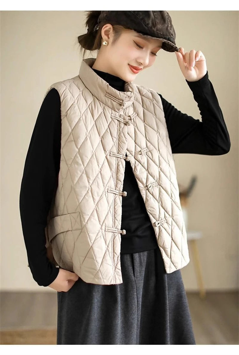 2024 New Autumn Winter Parkas Women Puffer Vest Loose Cropped Stand Collar Sleeveless Vest Jackets Down Cotton Padded Waistcoat