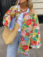 Women Fall Winter Loose Quilted Jacket Floral Print Button Down Long Sleeve Padded Coat Warm Outwear
