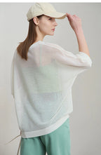 Amii Minimalist Women's Hollowed-out Knitted Pullover 2025 Summer New Half-sleeve Crew Neck Loose Blouse Thin Solid Top 12542139