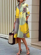 Fashion Women‘s T-shirts Dress Long Sleeves Buttoned 2025 Autumn Summer Casual Printed Lapel Shift Midi Daily Dresses for Ladies