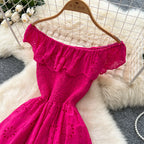 SINGREINY Chic Embroidery Hollow Out Dress Ruffles Splice Off Shoulder Elastic Ruched Slim 2025 Solid Gentle Vacation Long Dress