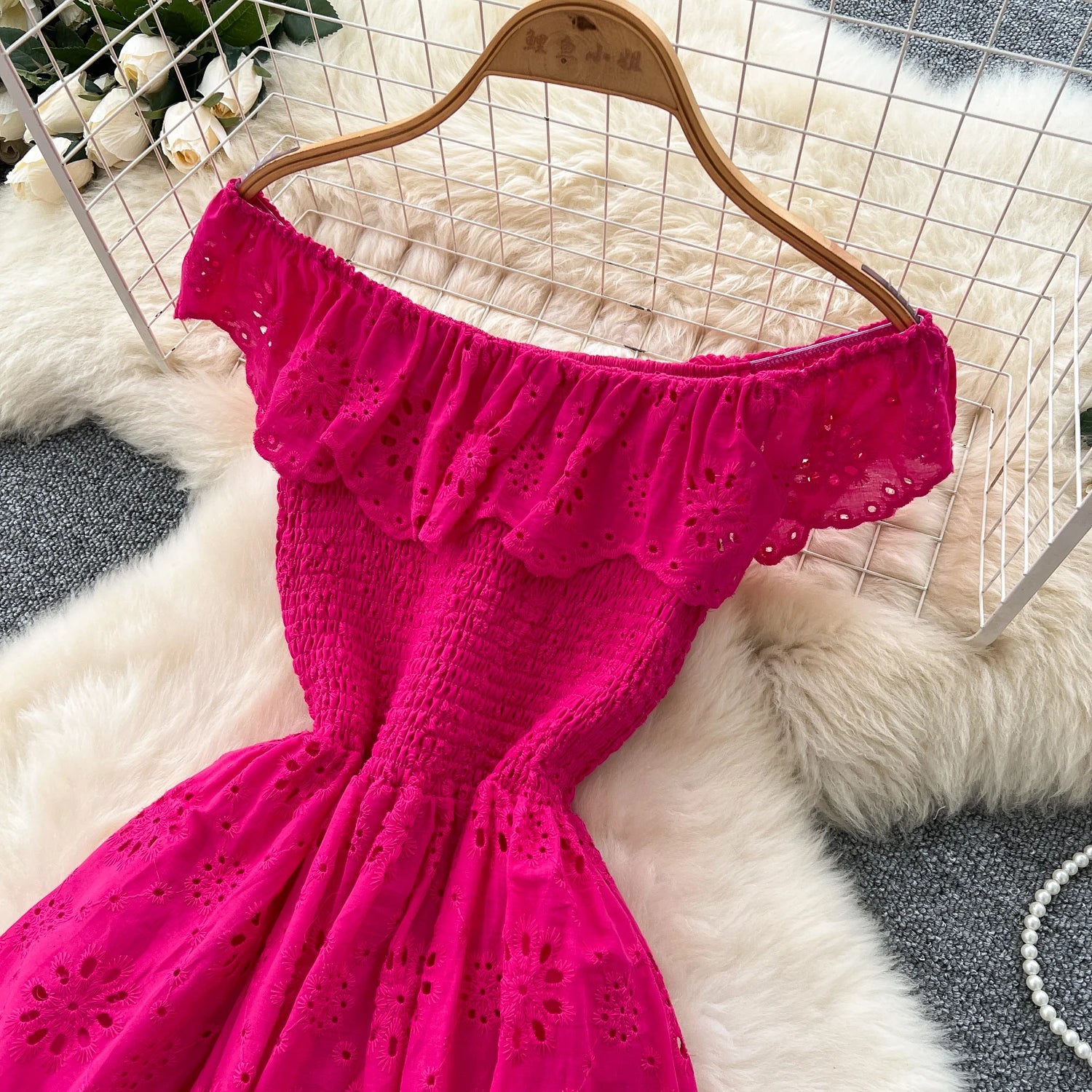 SINGREINY Chic Embroidery Hollow Out Dress Ruffles Splice Off Shoulder Elastic Ruched Slim 2025 Solid Gentle Vacation Long Dress