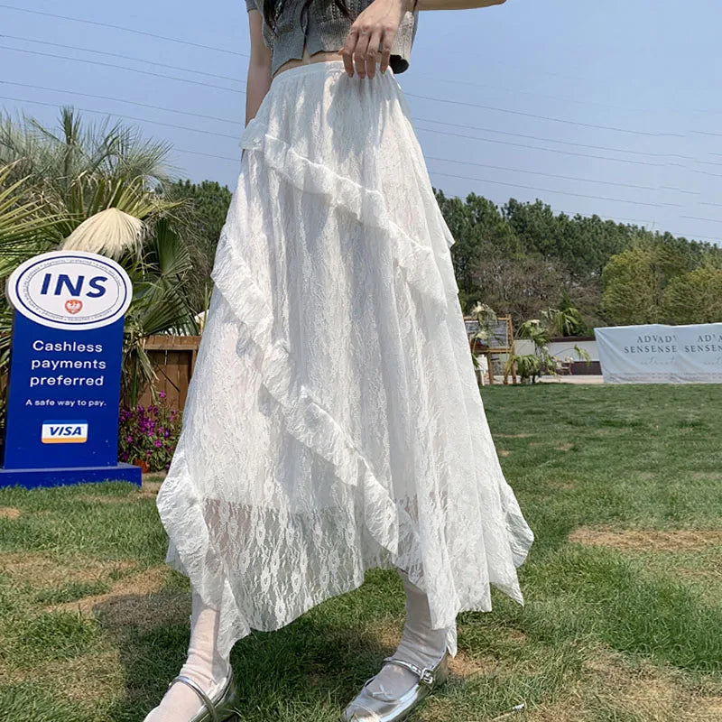 White Lace Irregular Maxi Skirts Women Vintage Ruffles Spliced A-Line Skirts Woman Summer Design Sheer High Waist Cake Skirt